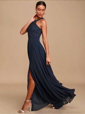 Lulus Picture Perfect Navy Blue Lace Halter Maxi Dress Sz S NWT